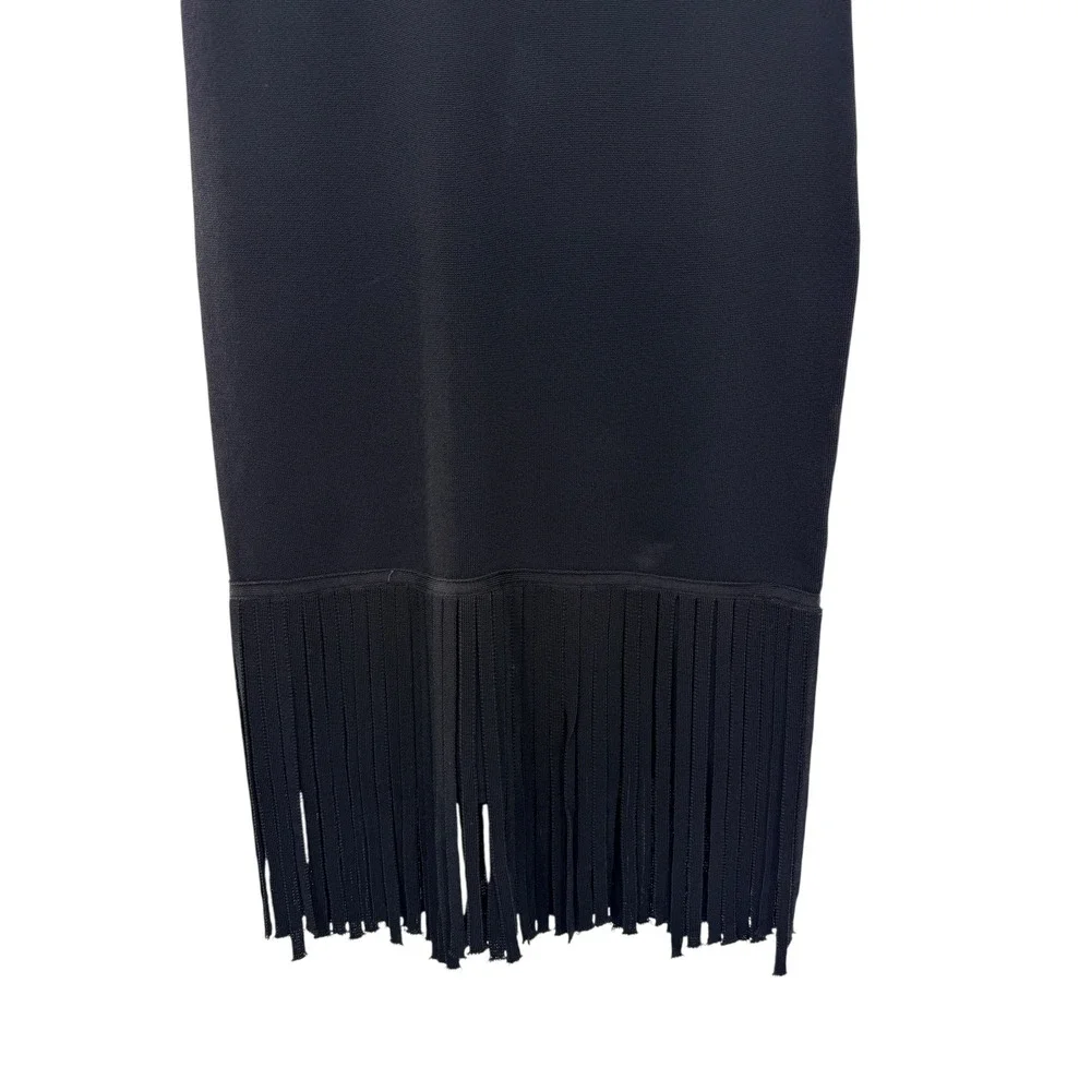 Shoshanna Womens Fringe Hem Perforated Knit Sheath Dress Black Size Large NWT - Picture 4 of 8